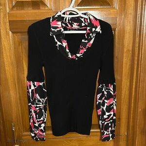 Anne Klein Black Top with Red and White Floral Accents